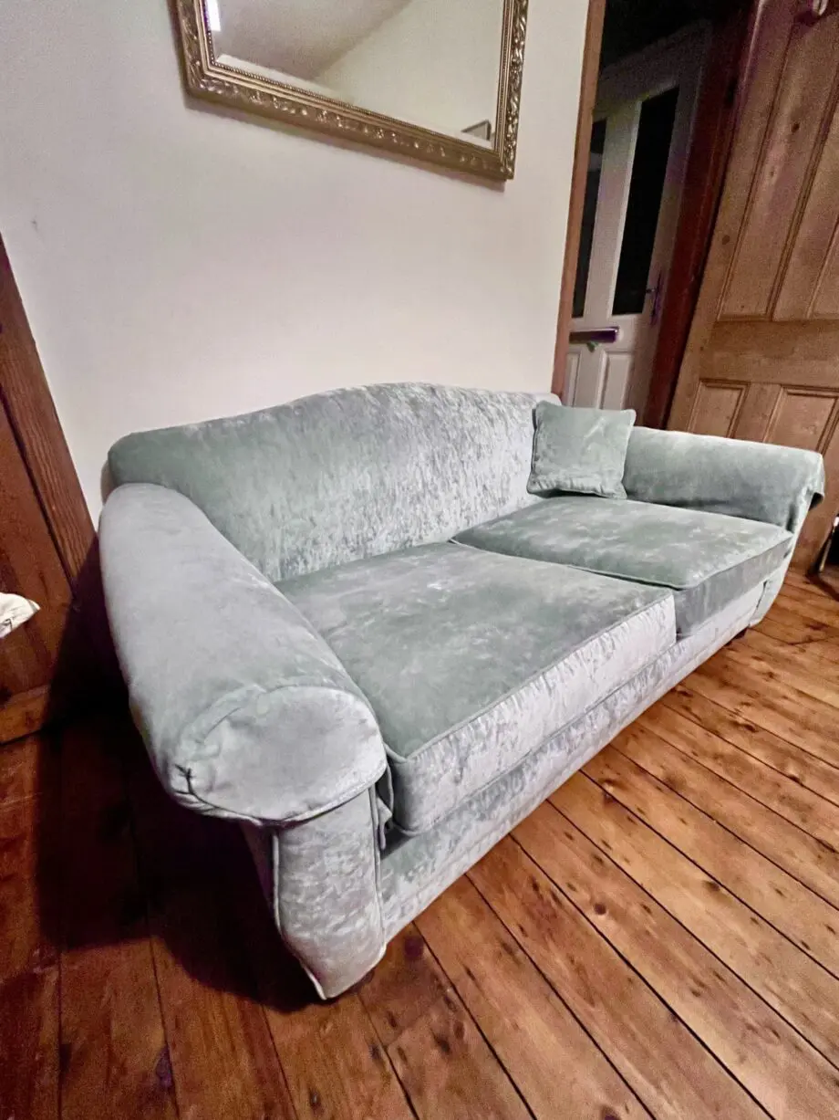 Victorian Upholstered Pastel Blue Velvet Sofa