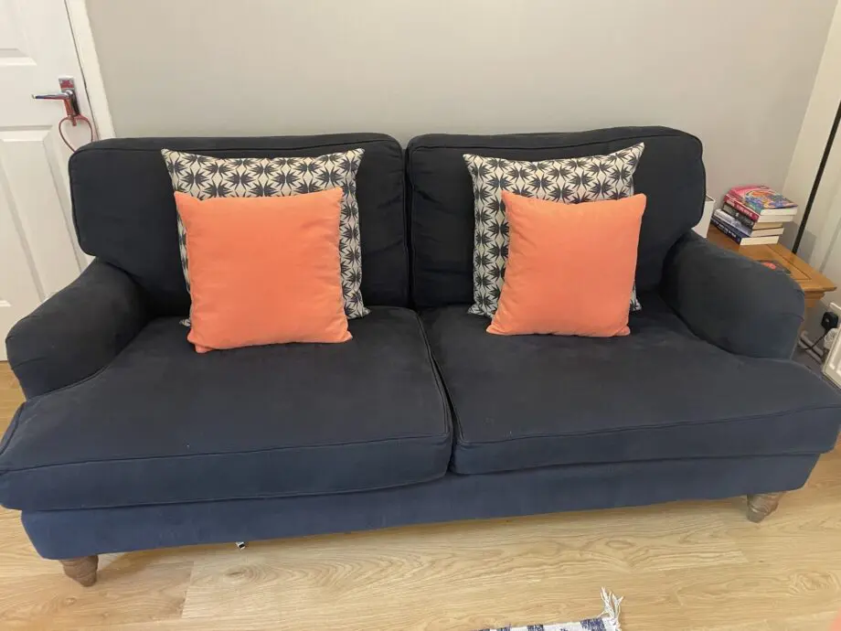 Sofa.com Bluebell Sofas in Midnight Blue and Footstall in Coral