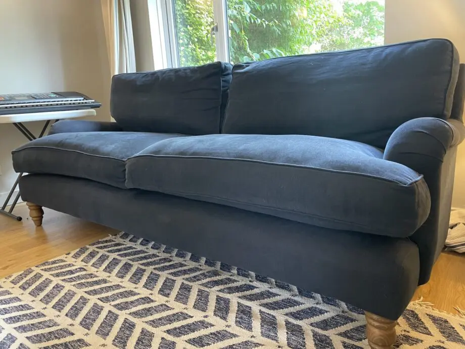 Sofa.com Bluebell Sofas in Midnight Blue and Footstall in Coral