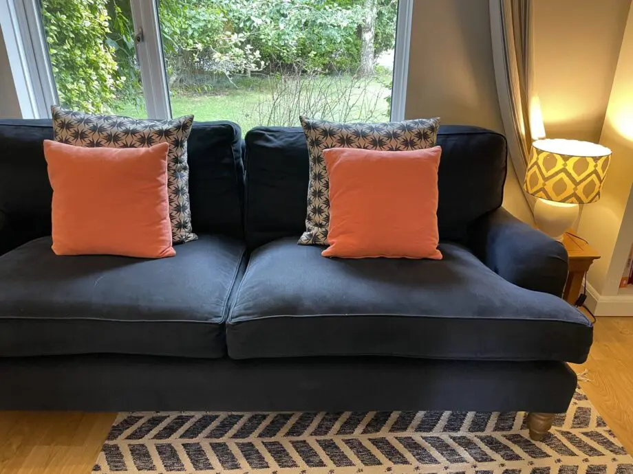 Sofa.com Bluebell Sofas in Midnight Blue and Footstall in Coral