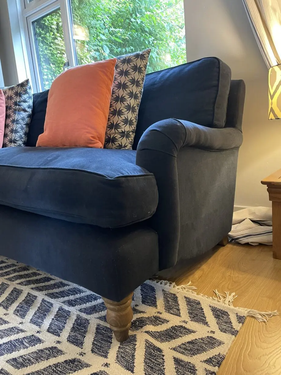 Sofa.com Bluebell Sofas in Midnight Blue and Footstall in Coral