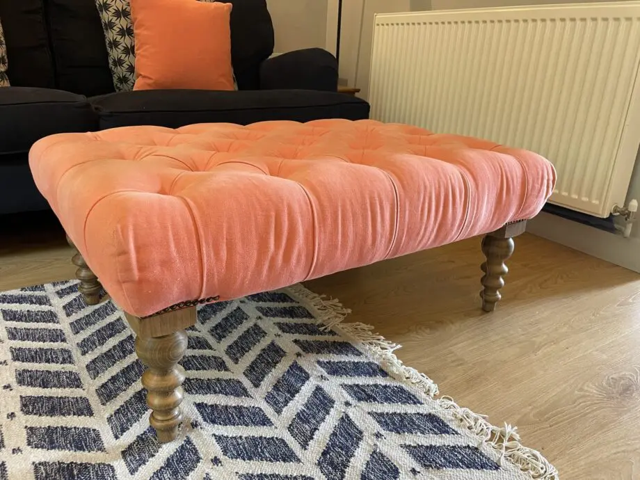 Sofa.com Bluebell Sofas in Midnight Blue and Footstall in Coral