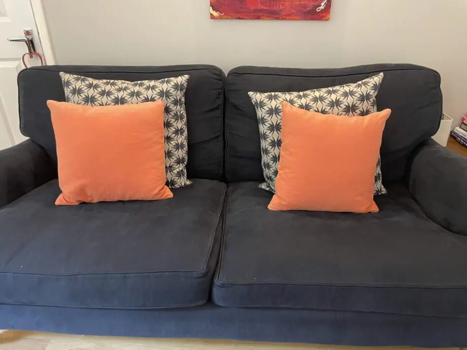 Sofa.com Bluebell Sofas in Midnight Blue and Footstall in Coral
