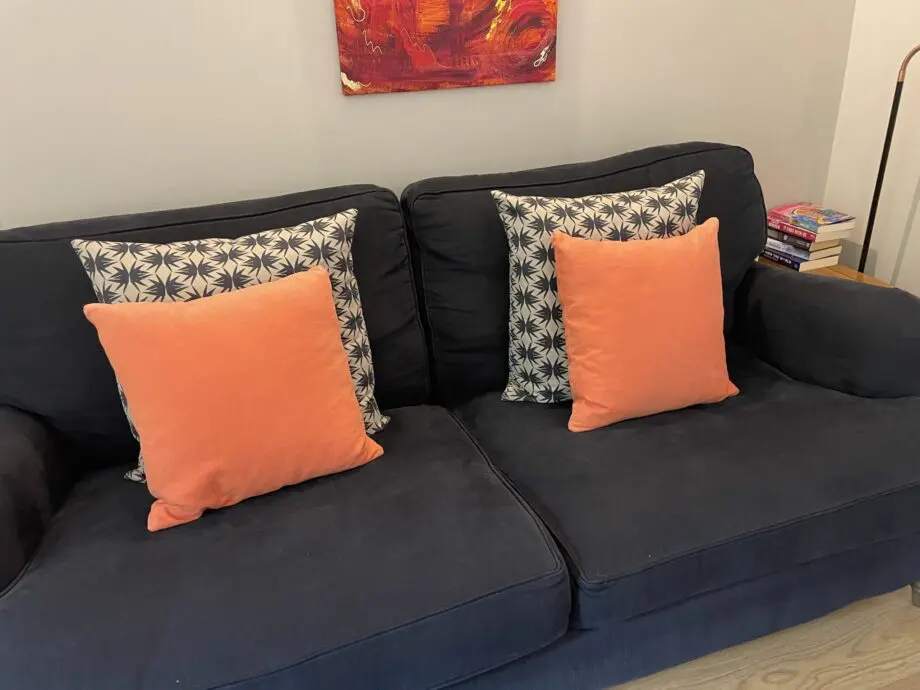Sofa.com Bluebell Sofas in Midnight Blue and Footstall in Coral