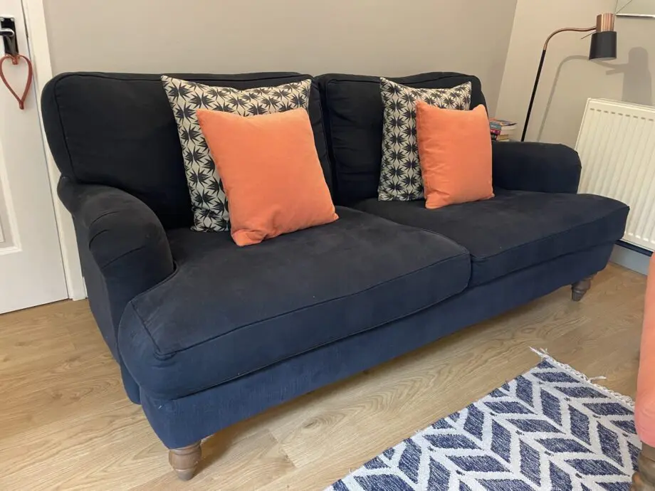 Sofa.com Bluebell Sofas in Midnight Blue and Footstall in Coral