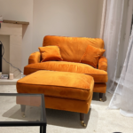 Luxury orange velvet loveseat with ottoman stool