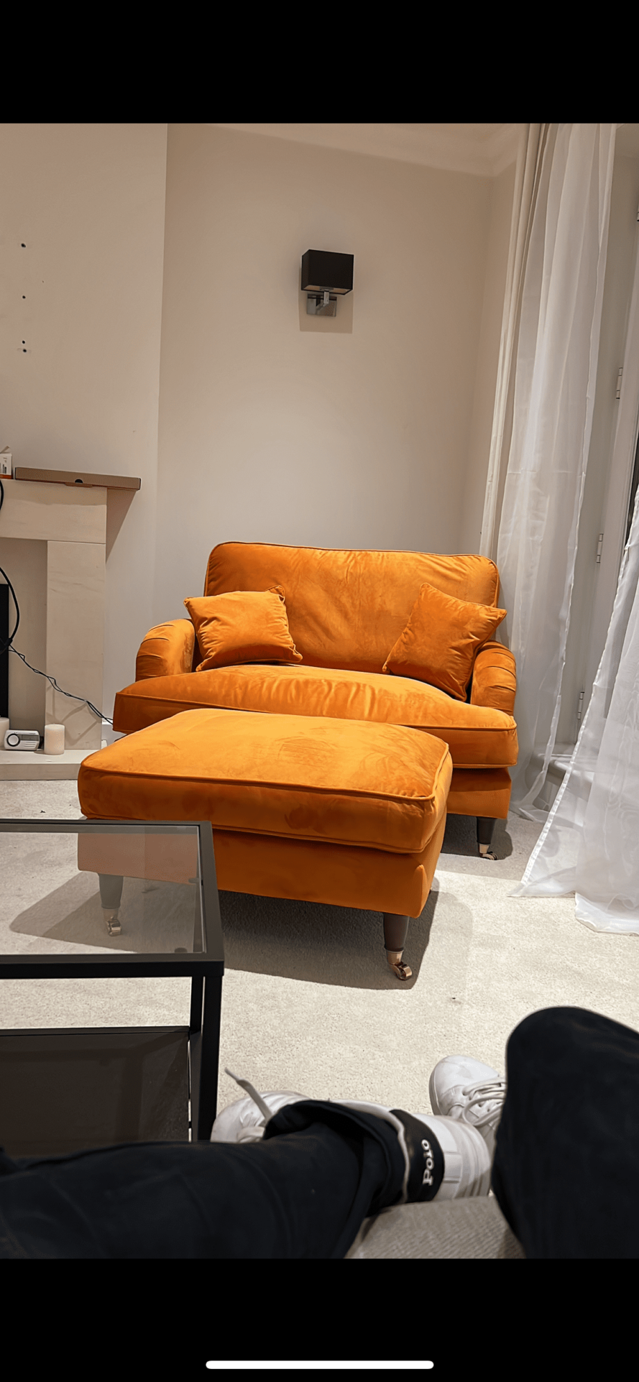 Luxury orange velvet loveseat with ottoman stool