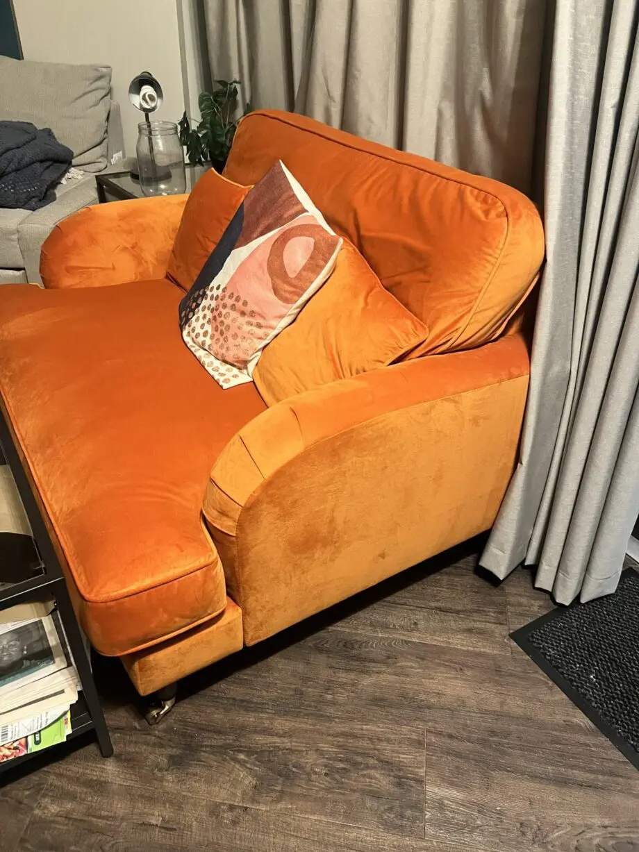 Luxury orange velvet loveseat with ottoman stool