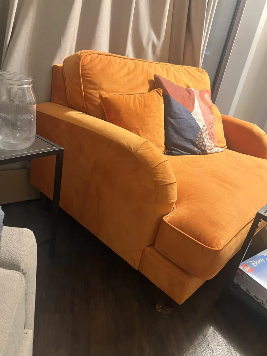 Luxury orange velvet loveseat with ottoman stool