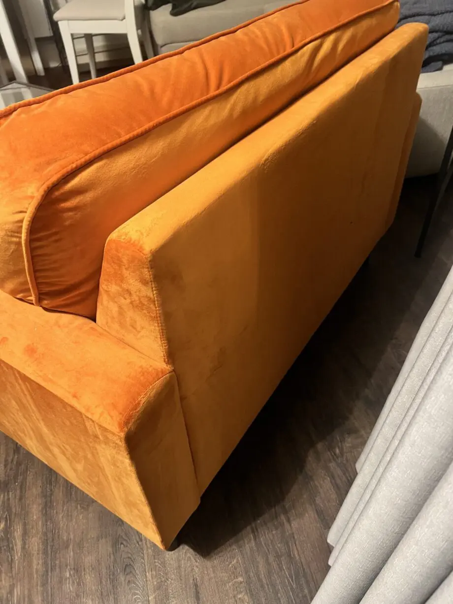Luxury orange velvet loveseat with ottoman stool