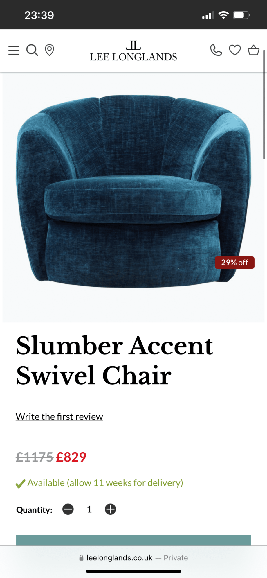 Lee longlands slumber blue velvet sofa, swivel chair and table.