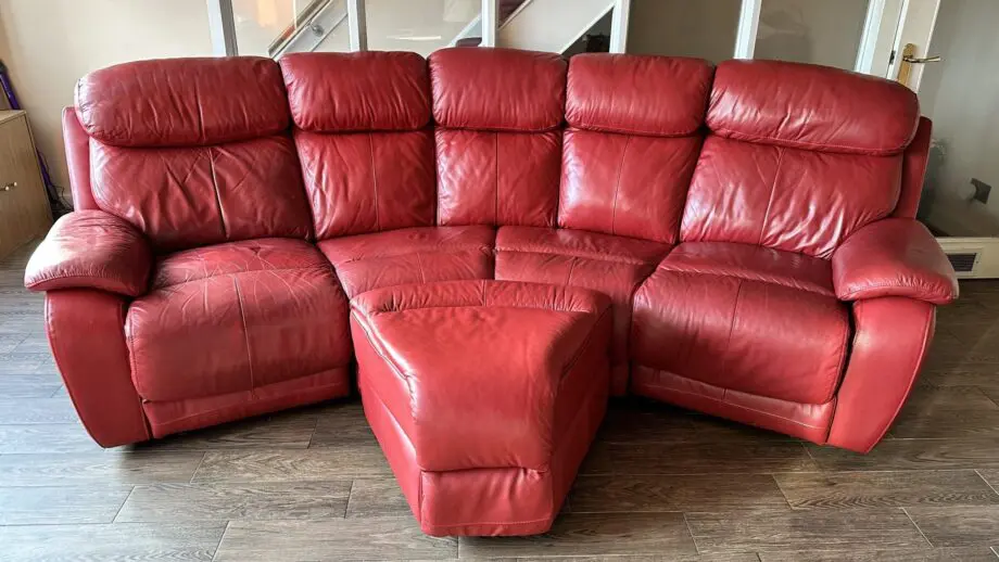 DFS Red Leather Curved Recliner 4 + 1 sofa set and foot stool