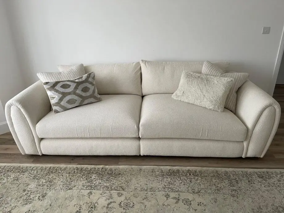 Sofology 4 seater/ split light wood in marble arch cosy boucle wood trim ecru mix