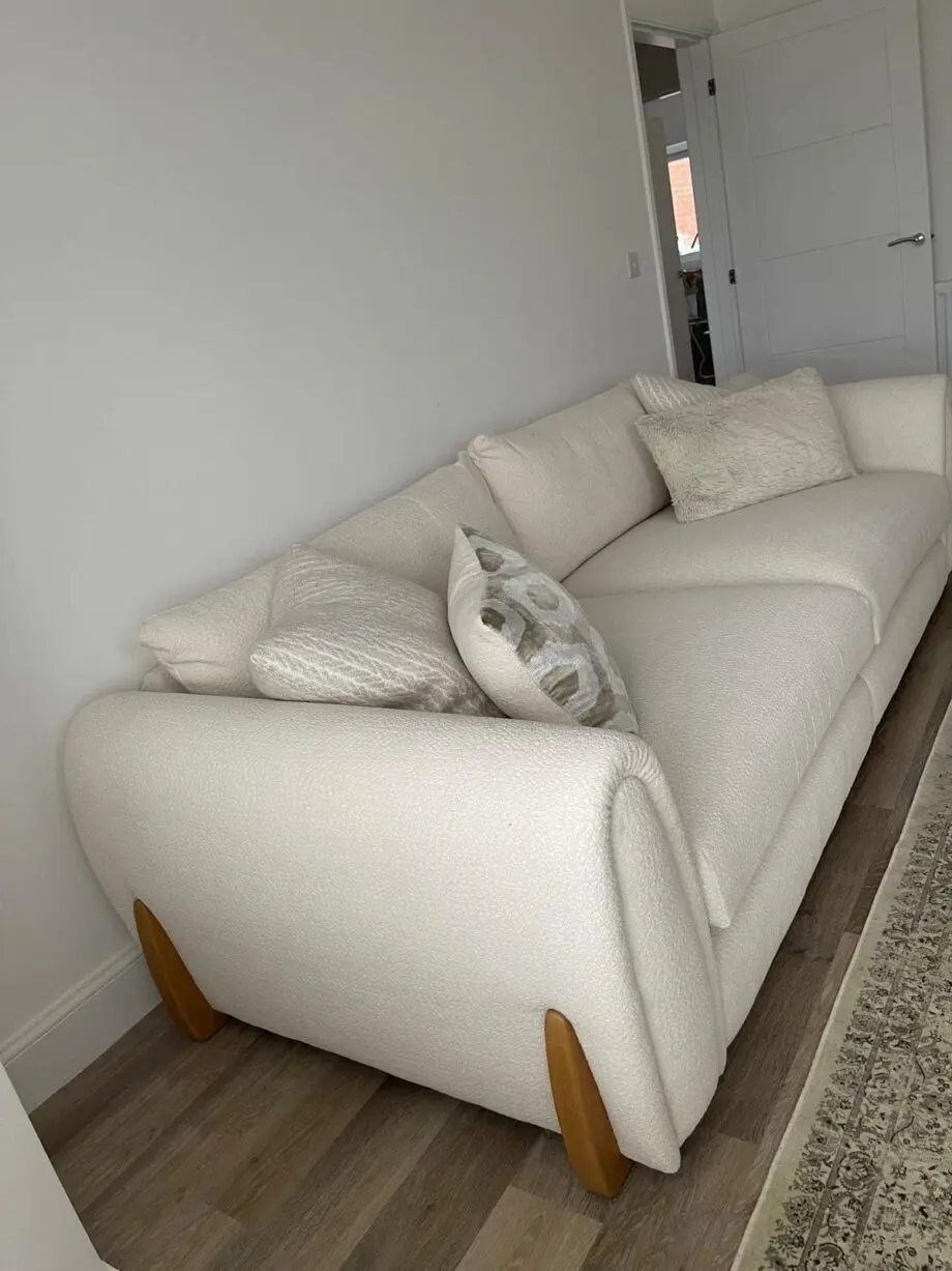 Sofology 4 seater/ split light wood in marble arch cosy boucle wood trim ecru mix