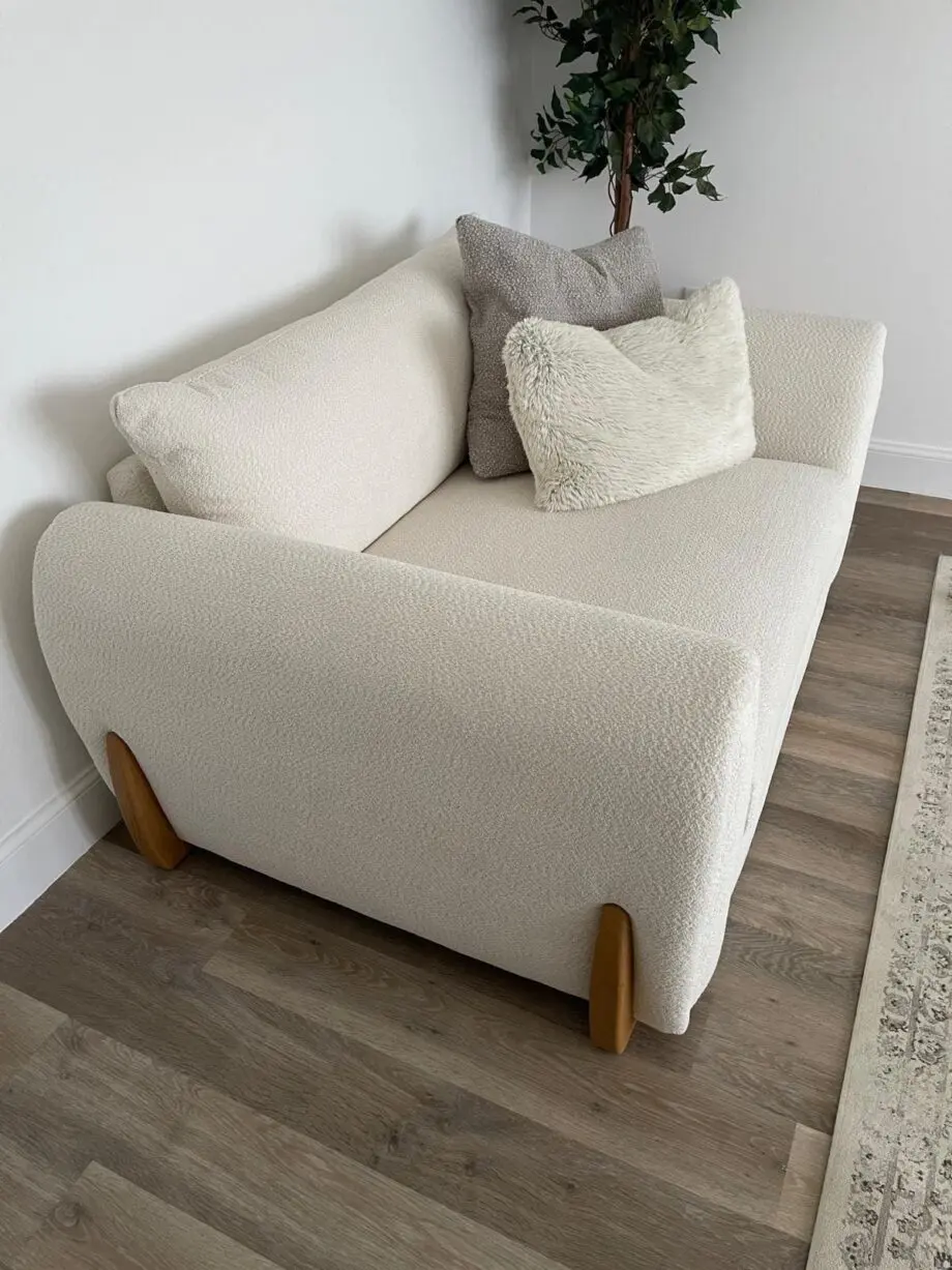 Sofology loveseat light wood in marble arch cosy boucle wood trim ecru mix