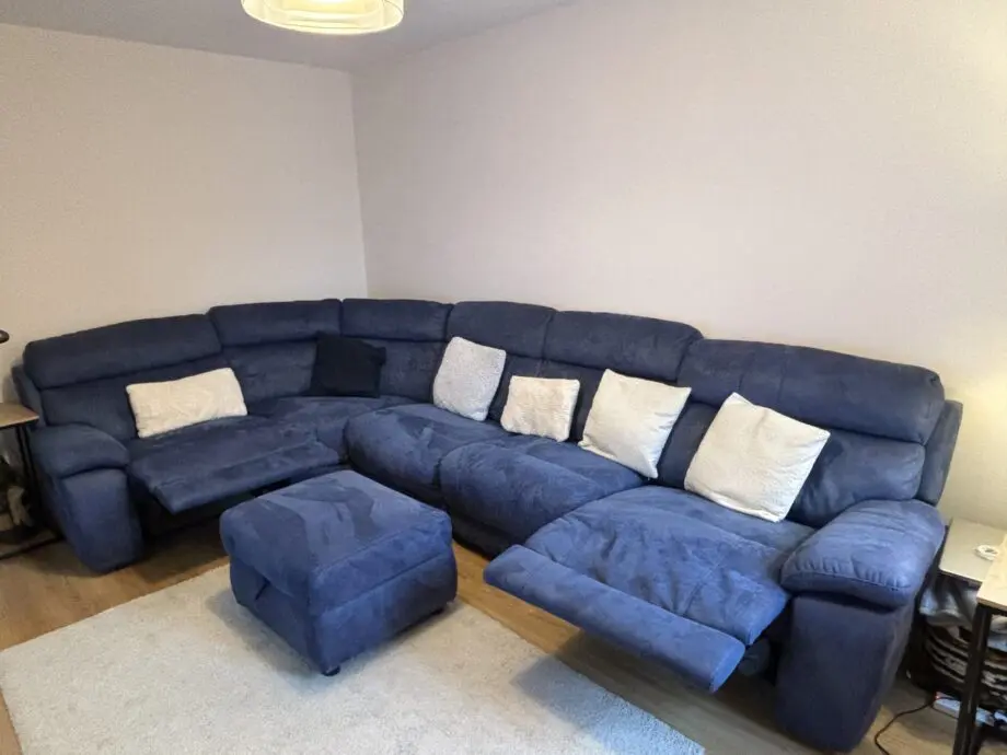 Stunning DFS Ronan Recliner Blue Sofa in Arizona Fabric + storage footstool