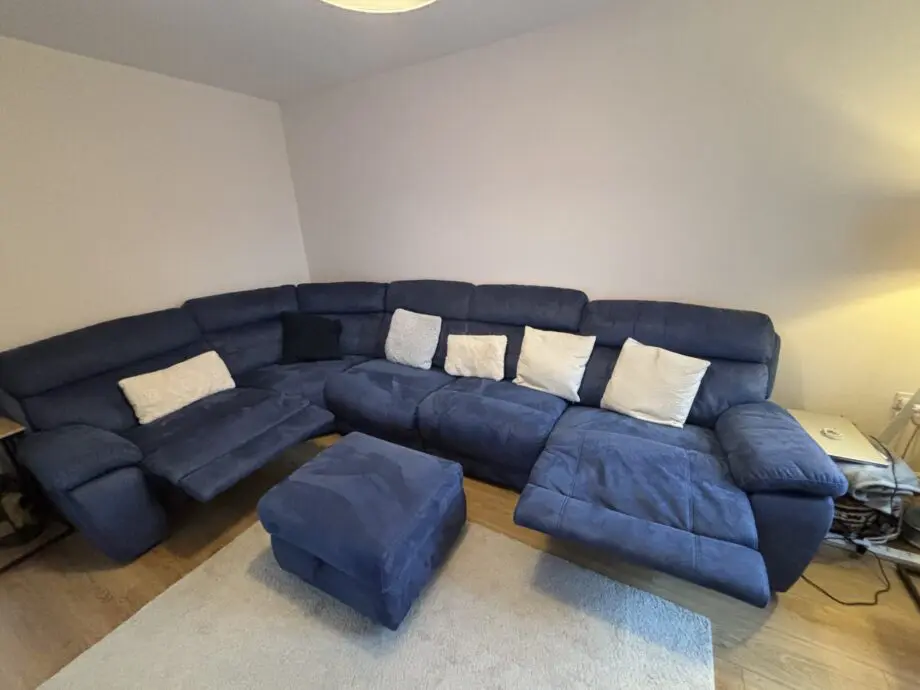 Stunning DFS Ronan Recliner Blue Sofa in Arizona Fabric + storage footstool