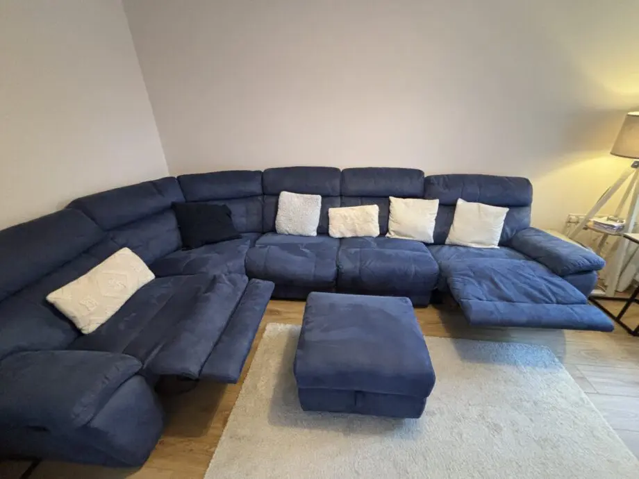 Stunning DFS Ronan Recliner Blue Sofa in Arizona Fabric + storage footstool