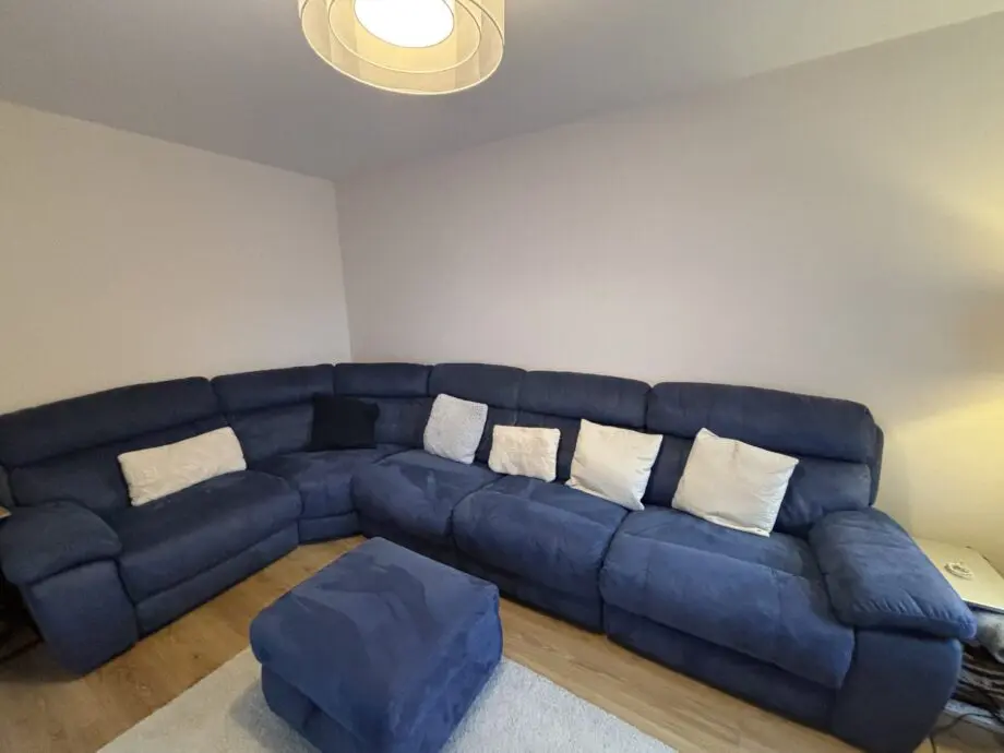 Stunning DFS Ronan Recliner Blue Sofa in Arizona Fabric + storage footstool