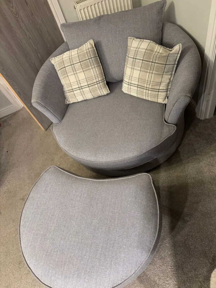 L - Shape Sofa (grey) + swivel chair and pouffe.