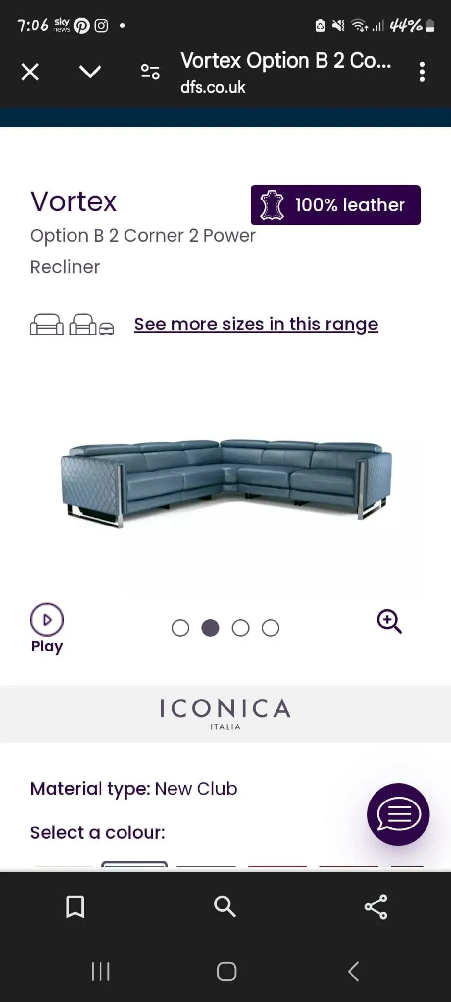 DFS Vortex Double Electric leather corner sofa, denim blue