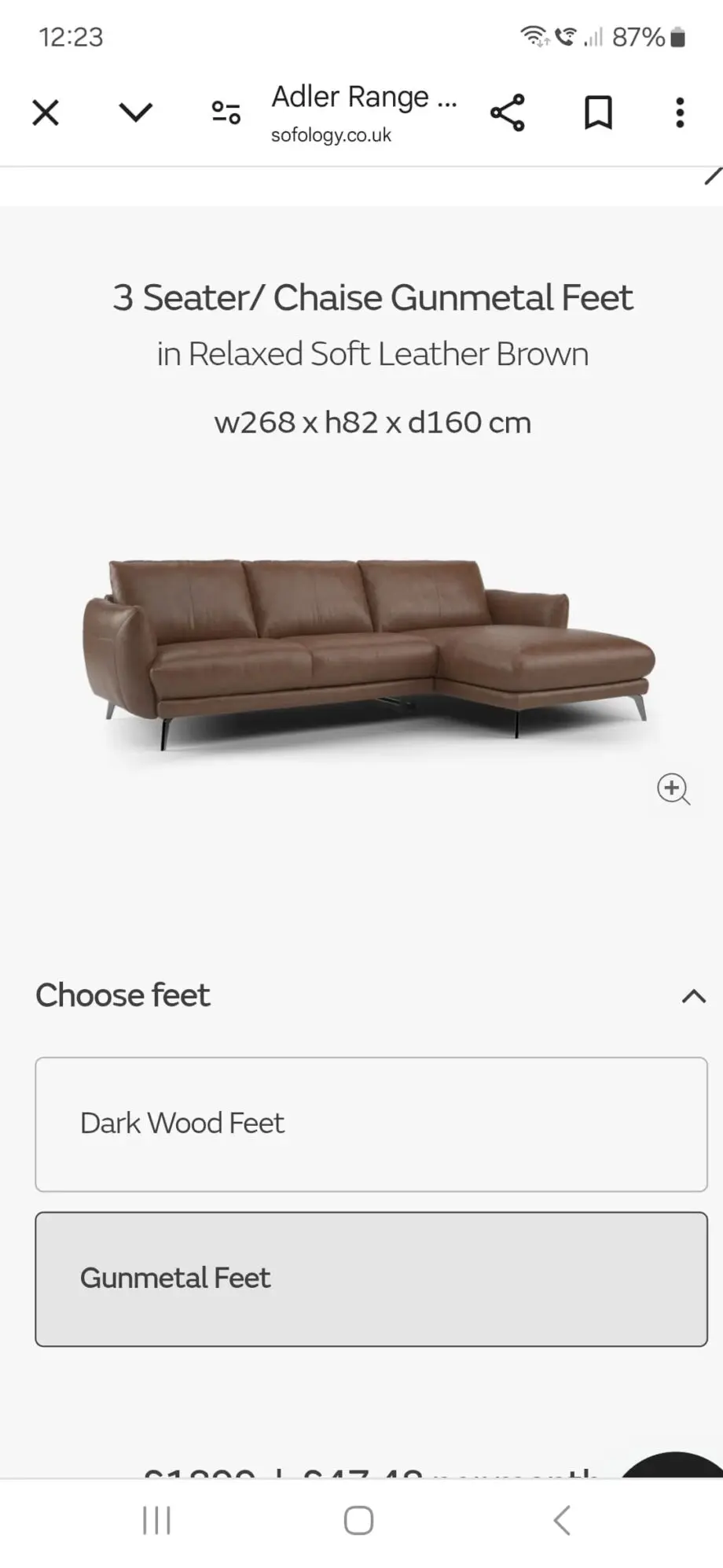 Sofology Alder 3 seater with right hand facing chaise brown leather