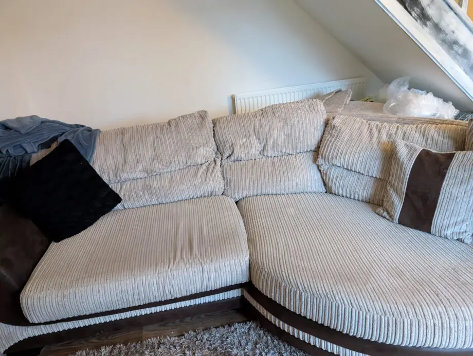 Brown/beige Jumbo cord corner sofa & love seat/cuddle chair