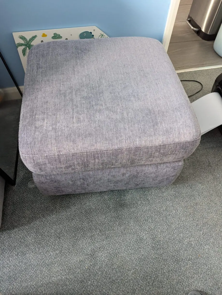 3 piece suite and foot stool from Fabb Furniture. Style is James and colour is lavender grey. Power recliner sofas