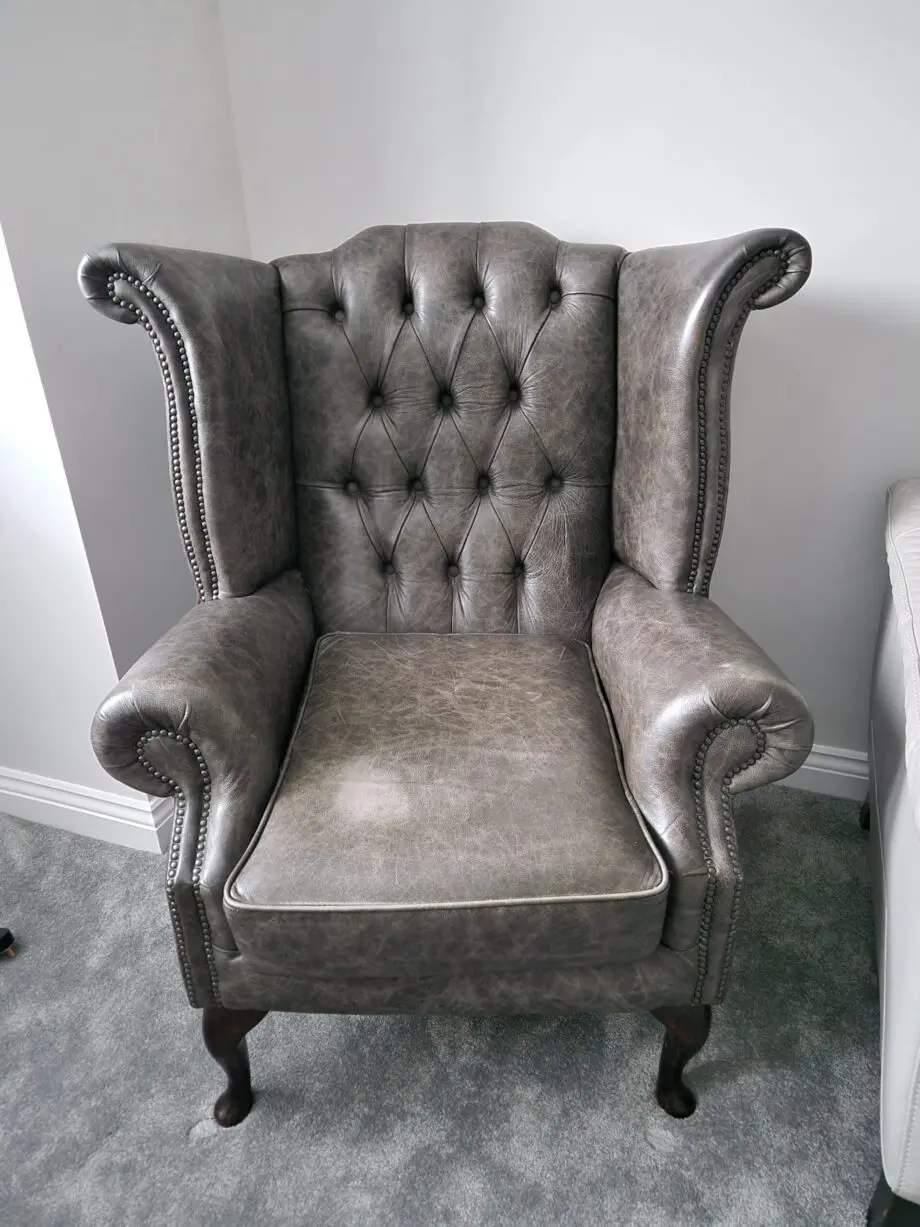 Chesterfield Winged Back Armchair in Beautiful Distressed Antique Grey