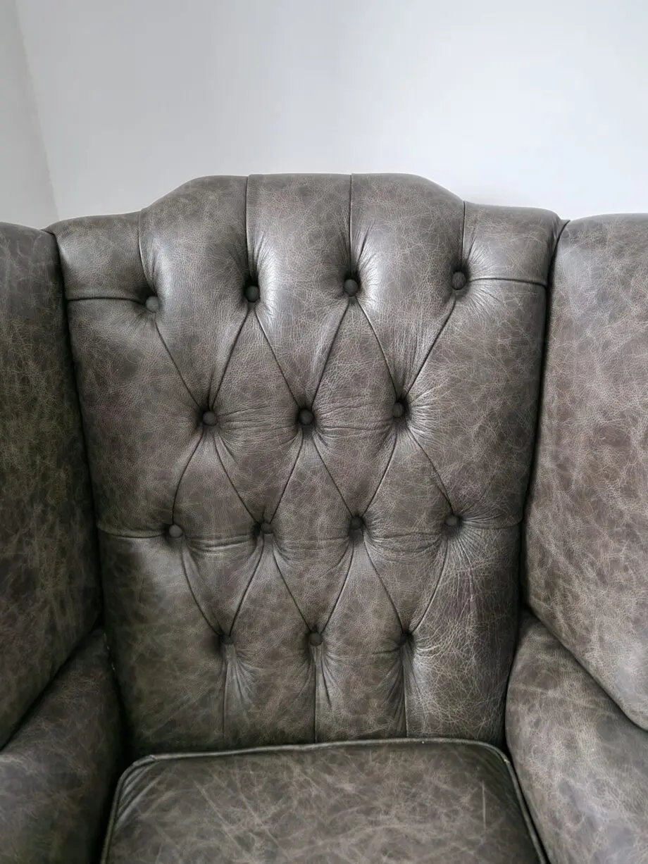 Chesterfield Winged Back Armchair in Beautiful Distressed Antique Grey