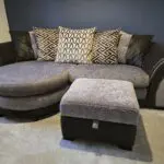 3 seater, fabric scatter back sofa with matching pouffe