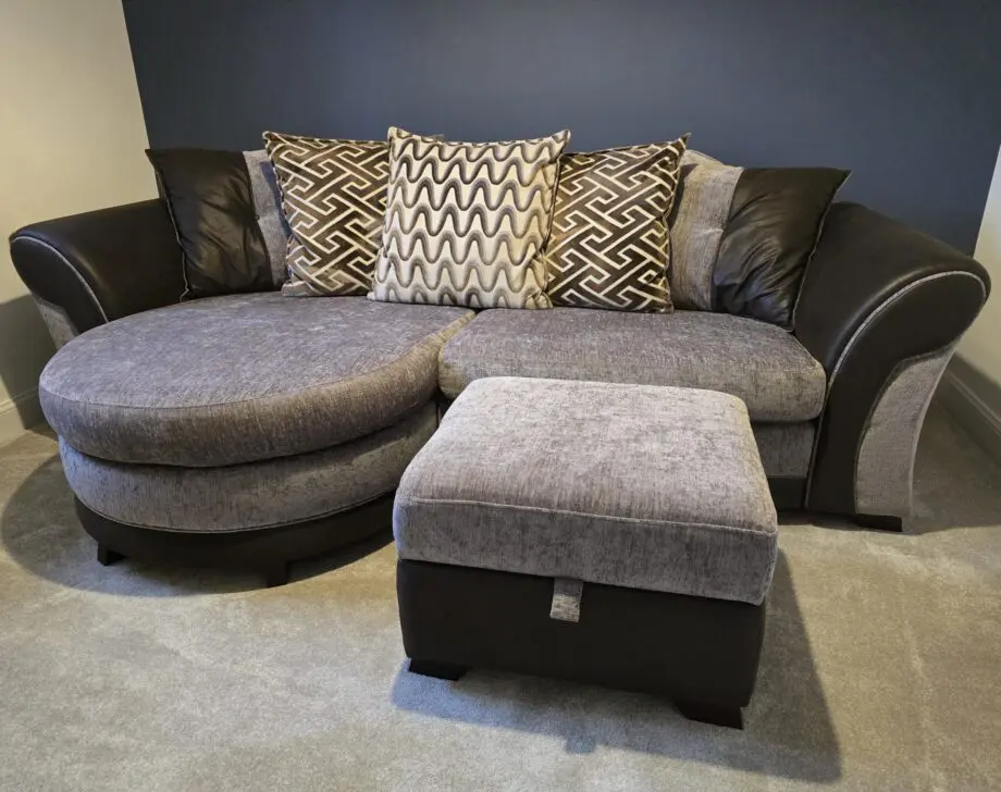 3 seater, fabric scatter back sofa with matching pouffe