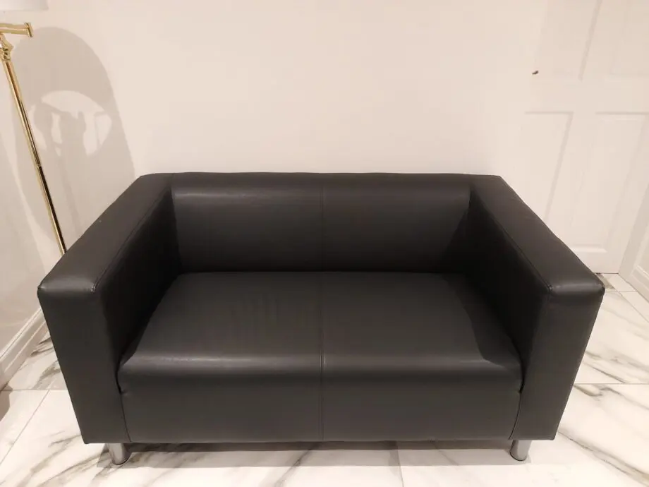 Black, imitation leather, Ikea 2-seater sofa