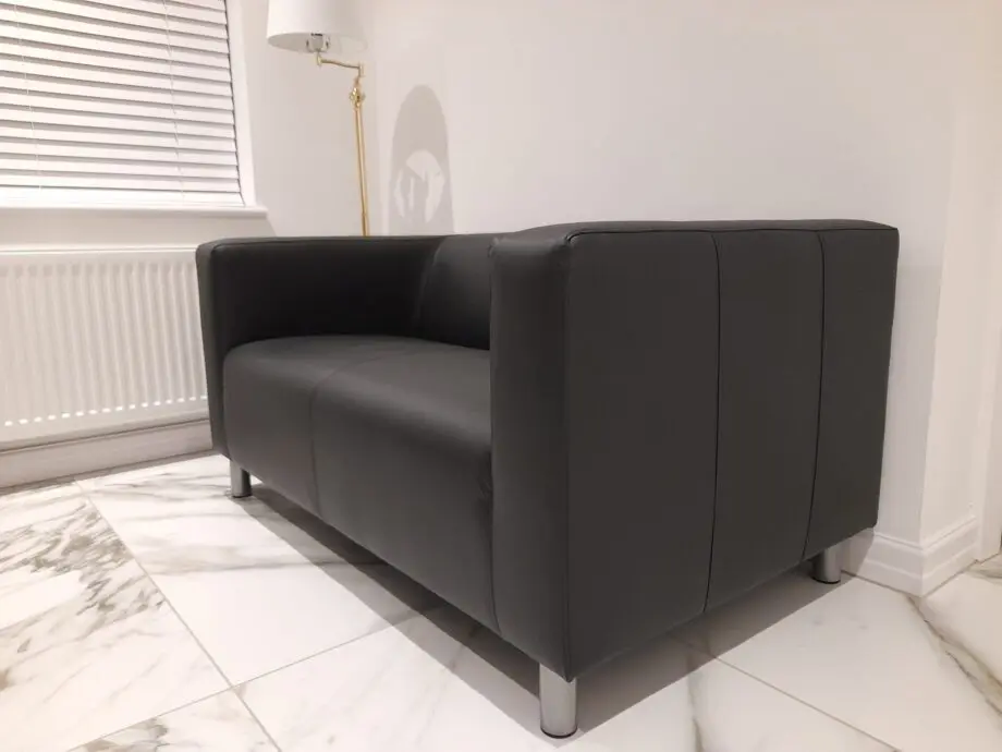 Black, imitation leather, Ikea 2-seater sofa