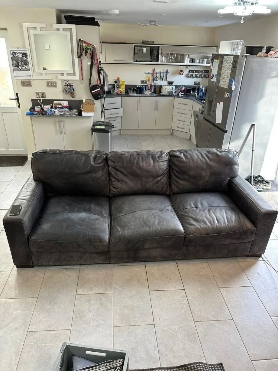 3 seater , 2 seater & foot stool leather, grey DFS