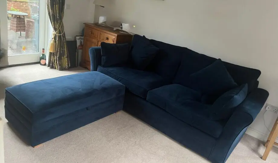 Midnight blue velvet 3 seater sofa with matching ottoman
