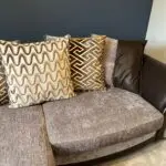 3 seater, fabric scatter back sofa with matching pouffe