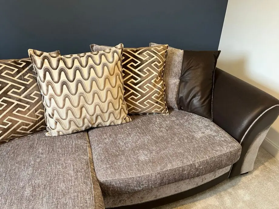 3 seater, fabric scatter back sofa with matching pouffe