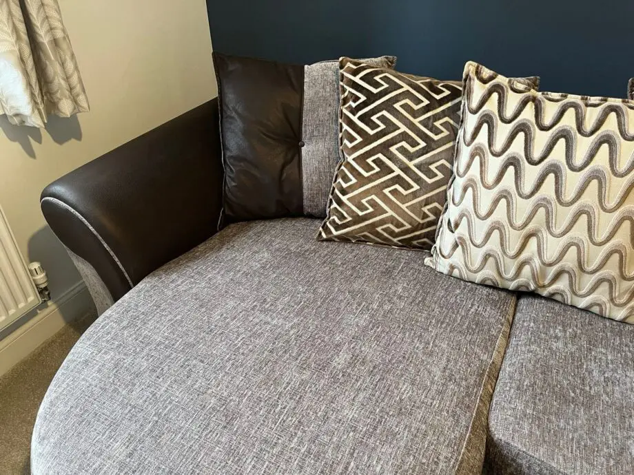 3 seater, fabric scatter back sofa with matching pouffe