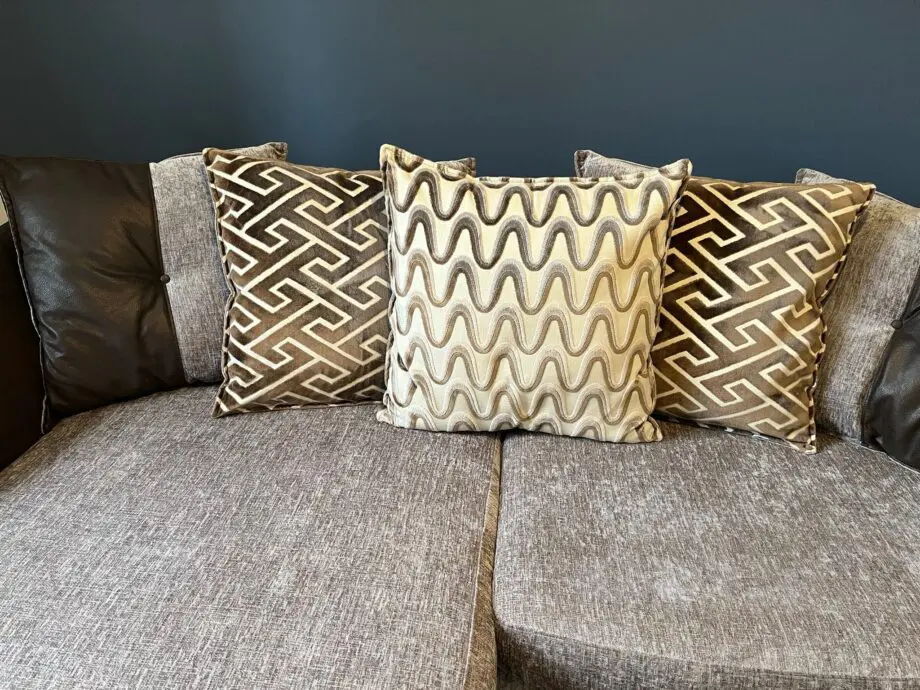 3 seater, fabric scatter back sofa with matching pouffe