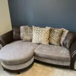 3 seater, fabric scatter back sofa with matching pouffe