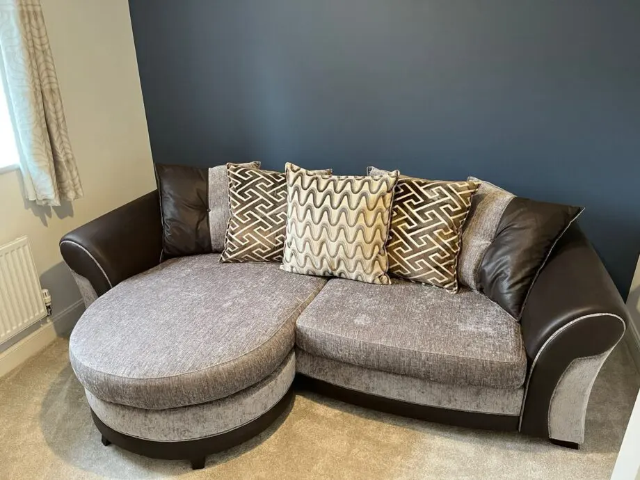 3 seater, fabric scatter back sofa with matching pouffe