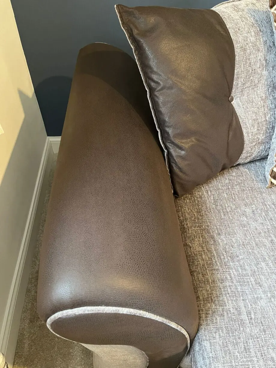 3 seater, fabric scatter back sofa with matching pouffe