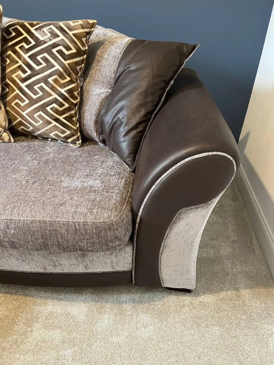 3 seater, fabric scatter back sofa with matching pouffe