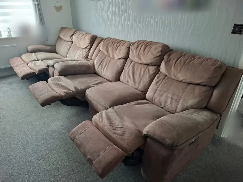 Brown, suede, 3-seater and 2-seater sofa, both mains powered recliners. Used and in good condition