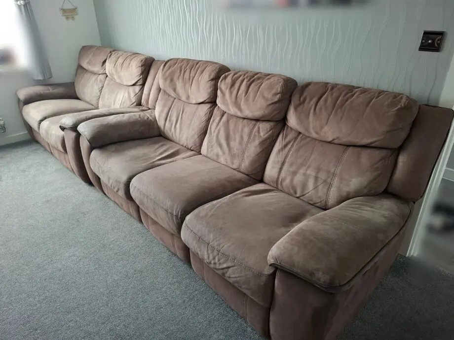 Brown, suede, 3-seater and 2-seater sofa, both mains powered recliners. Used and in good condition