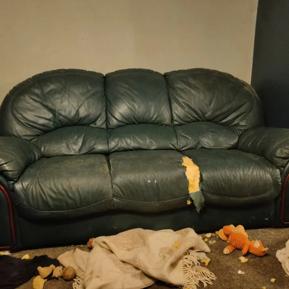 Aged & Damaged Green Leather Three Piece Suite 35 years old - Armchair, Sofa & Two Seater