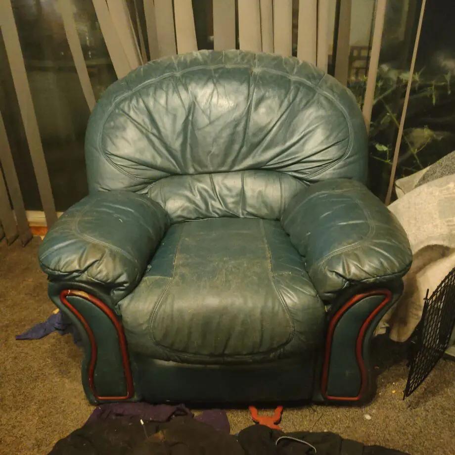 Aged & Damaged Green Leather Three Piece Suite 35 years old - Armchair, Sofa & Two Seater