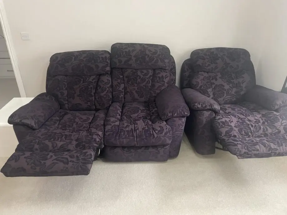 SCS dark purple recliner sofa set (3 seater, 2 seater and armchair)
