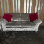 2 x Silver Crushed Velvet Sofas and Footstool. Fishpools Hollywood range.